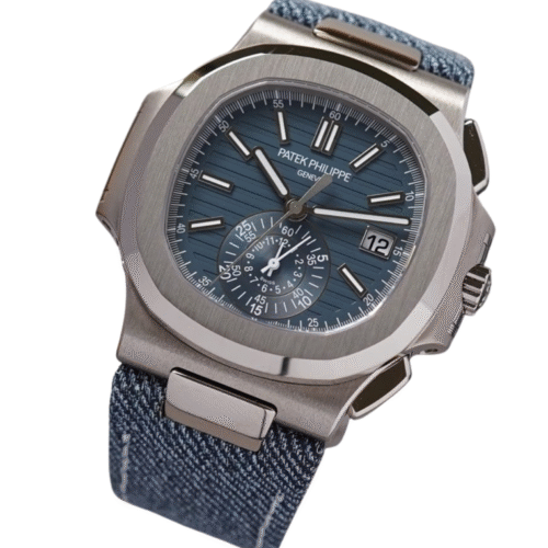 Elegant pateek philippe nautilus watch with blue fabric strap and all working chronograph