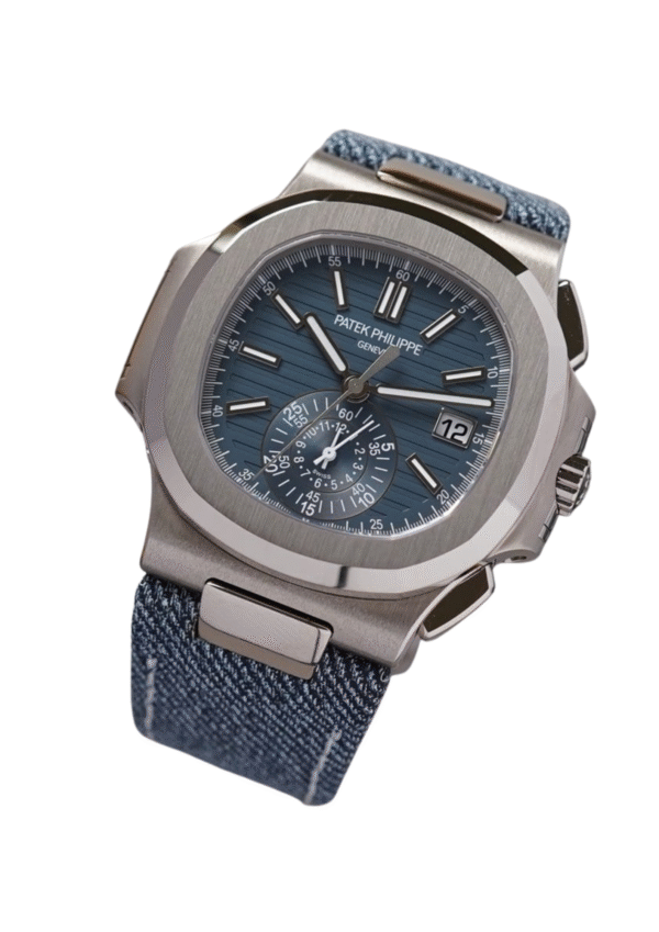 Elegant pateek philippe nautilus watch with blue fabric strap and all working chronograph