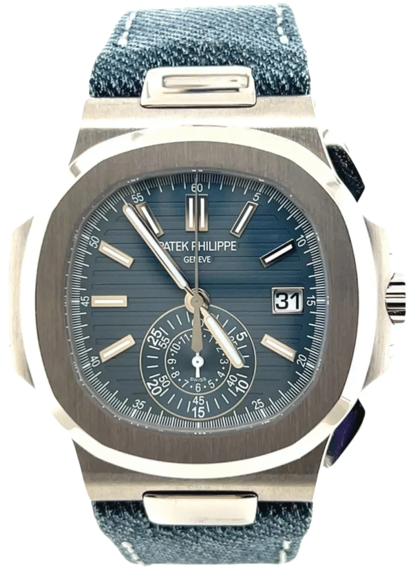Pateek philippe nautilus watch comes with blue dial and strap front view