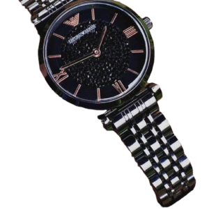 Emporio Armani silver stainless steel watch with black dial and roman numerals