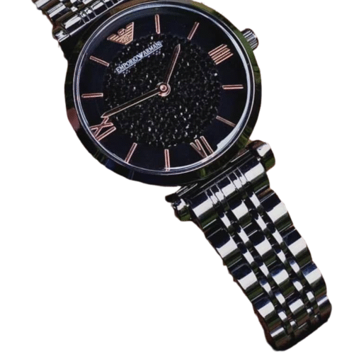 Emporio Armani silver stainless steel watch with black dial and roman numerals