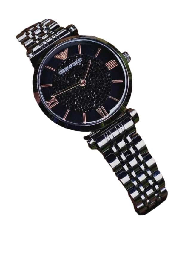 Emporio Armani silver stainless steel watch with black dial and roman numerals